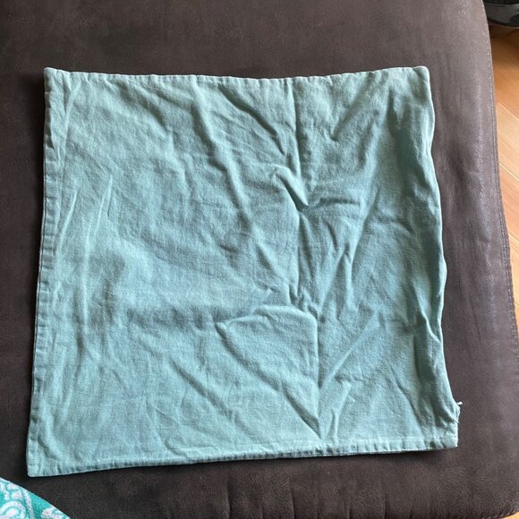 Vintage Light Blue Cotton Embroidered Pillow Cover With White Leaf Pattern & Hid - Picture 4 of 4